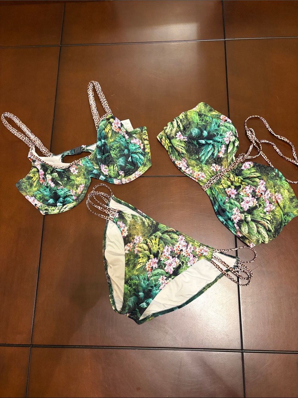 Freya Green Tropical Floral Bikini Set with Pink Accents 3 pieces - Picture 2 of 9